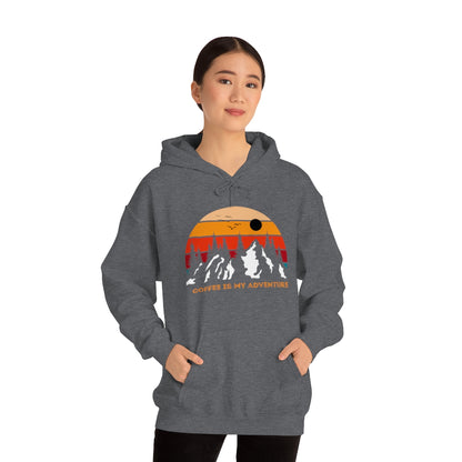 Adventure meets Coffee Hoodie: Unisex Heavy Blend Hooded Sweatshirt
