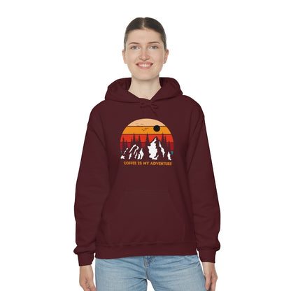Adventure meets Coffee Hoodie: Unisex Heavy Blend Hooded Sweatshirt