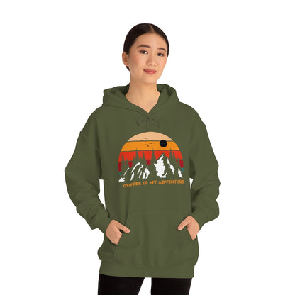 Adventure meets Coffee Hoodie: Unisex Heavy Blend Hooded Sweatshirt