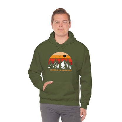 Adventure meets Coffee Hoodie: Unisex Heavy Blend Hooded Sweatshirt