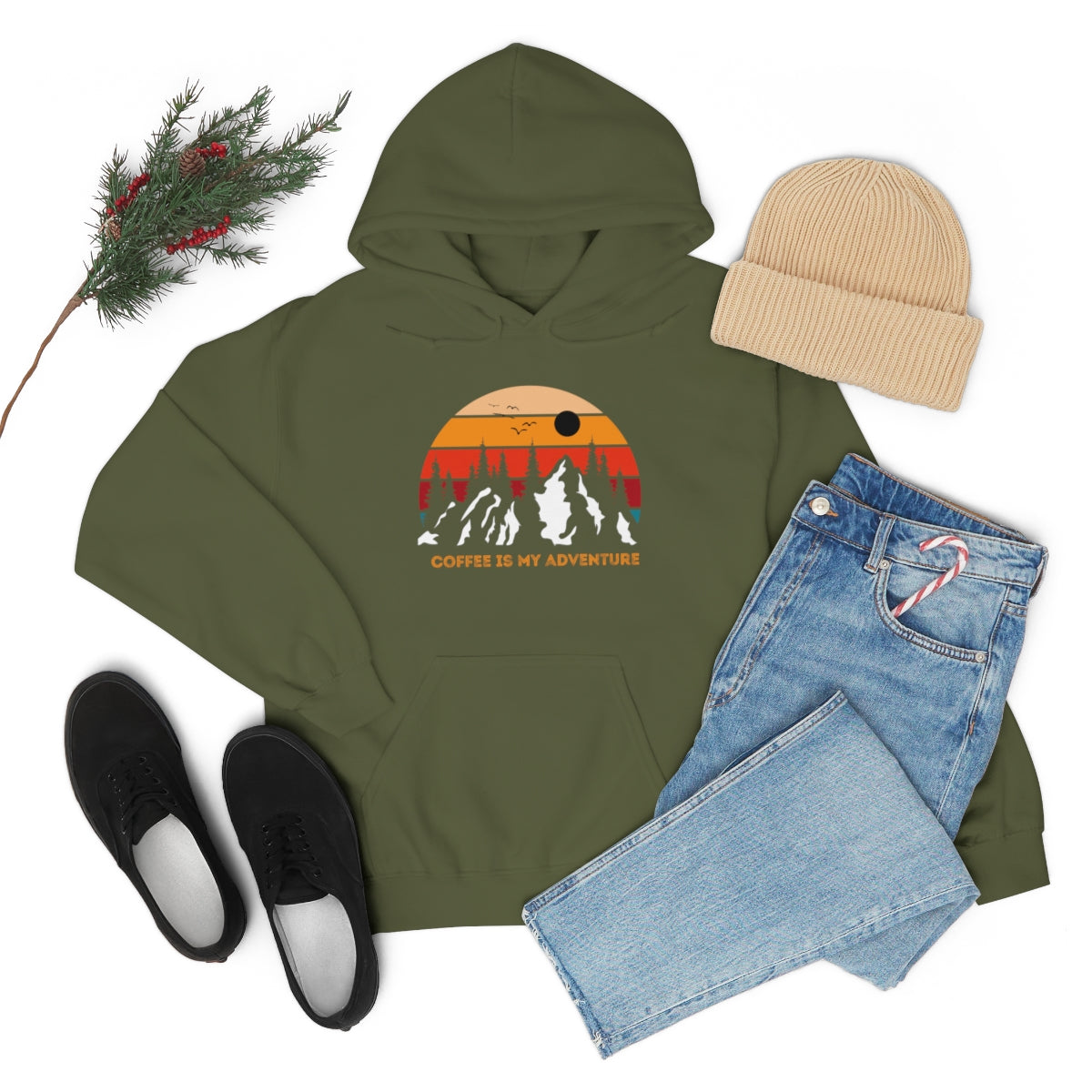 Adventure meets Coffee Hoodie: Unisex Heavy Blend Hooded Sweatshirt