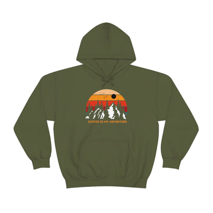 Adventure meets Coffee Hoodie: Unisex Heavy Blend Hooded Sweatshirt
